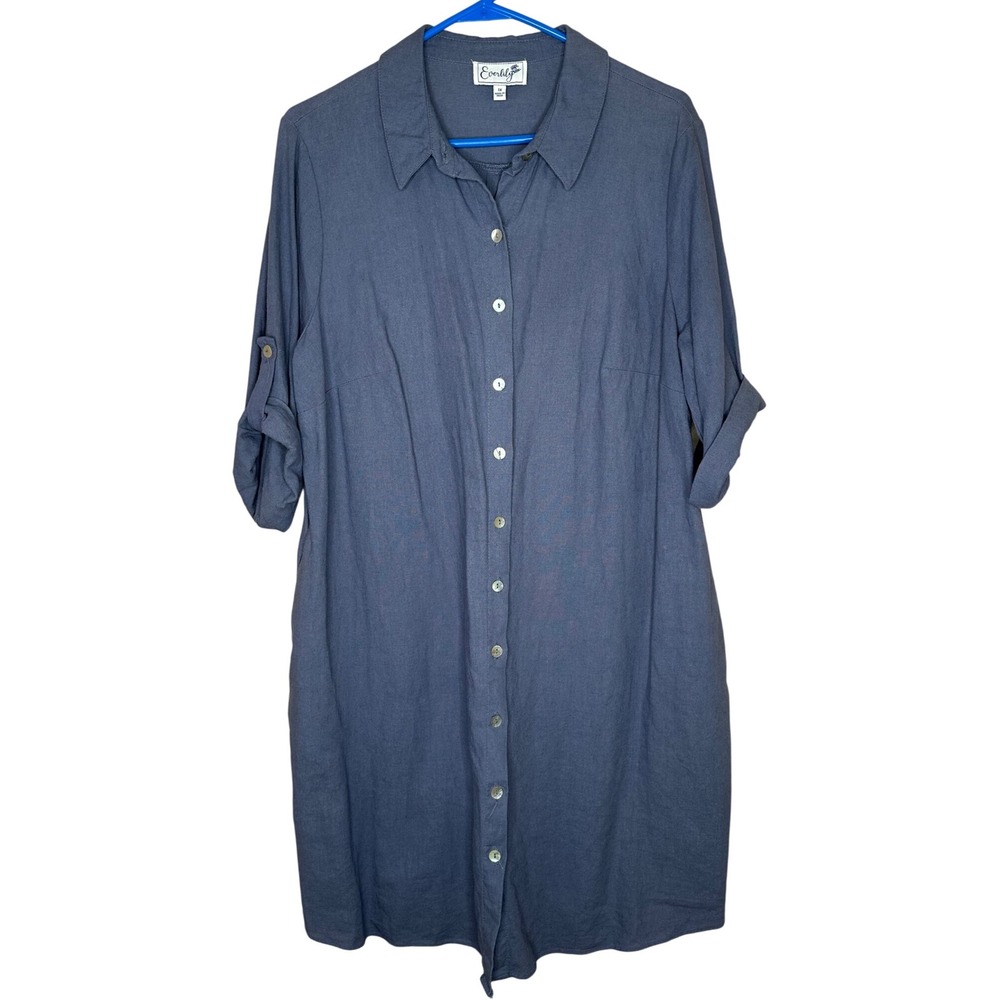 Everlily Button-Down Shirt Dress Roll-Up Sleeves Women's 1X Linen‎ Blend Pockets